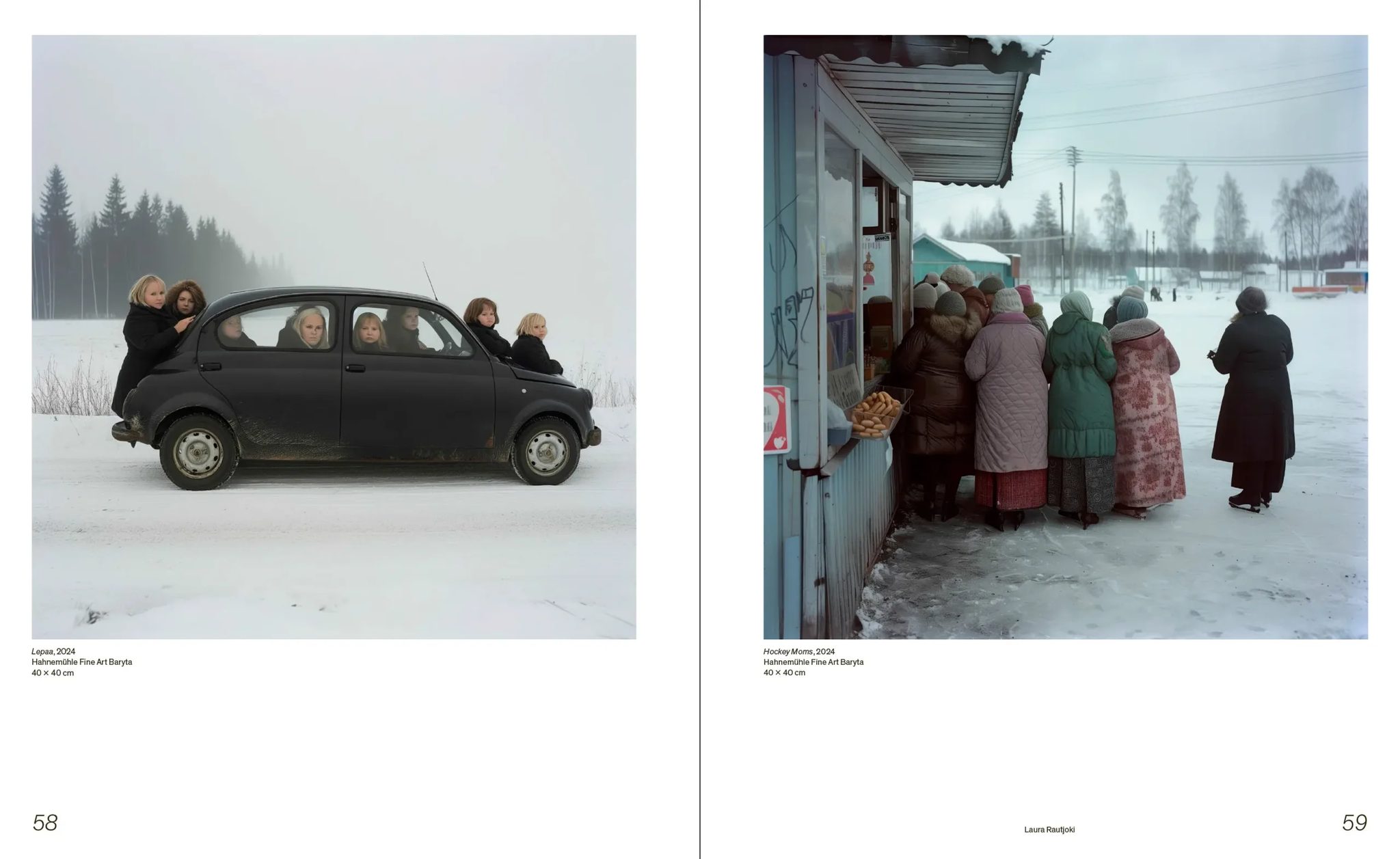 Catalog spread of Laura Rautjoki's works Lepaa and Hockey Moms (2024)